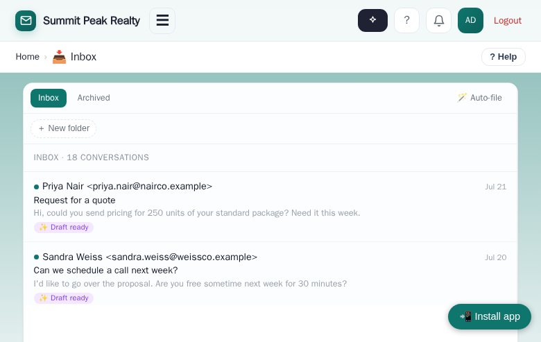 The built-in inbox with drafts ready for approval
