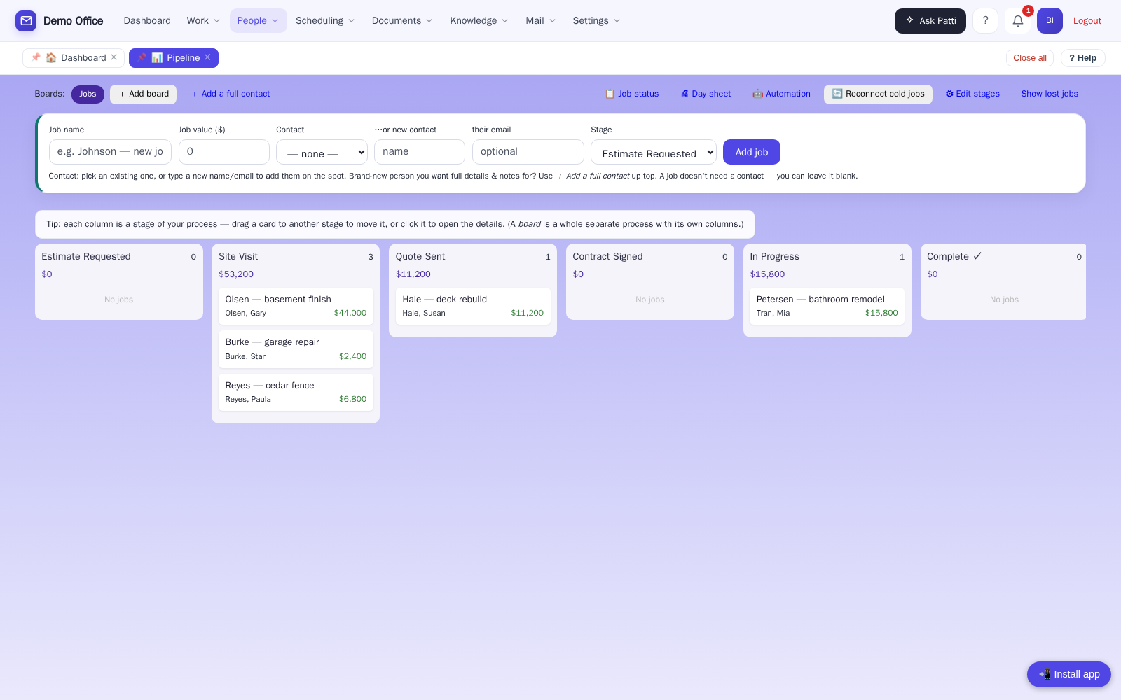 Job board with phase columns