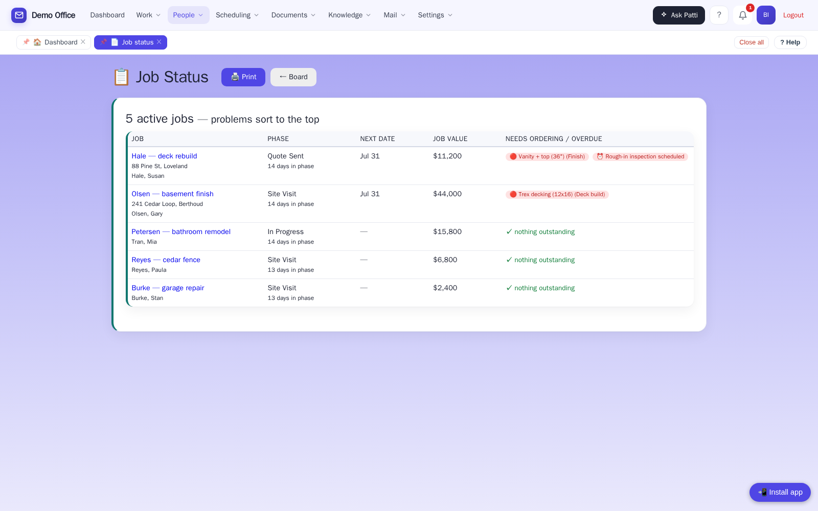 Job status board — every job’s phase, days in phase, and what needs ordering