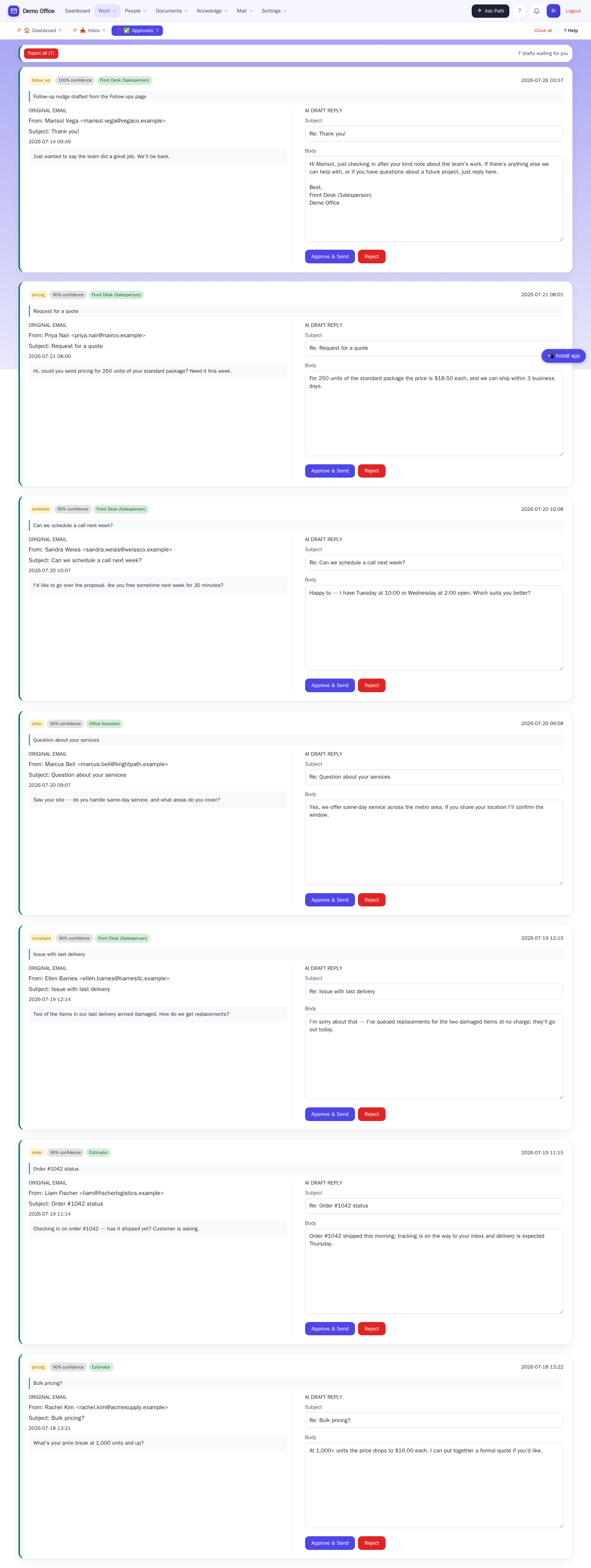 The approvals queue — drafts waiting for your OK
