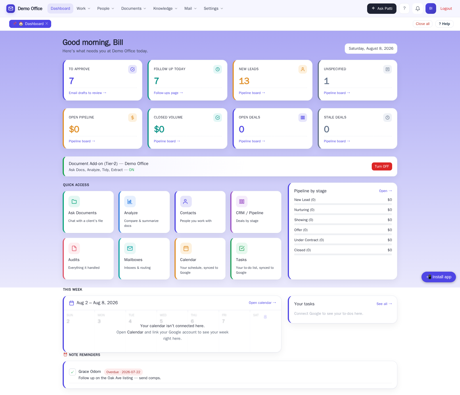 The dashboard showing what needs attention today