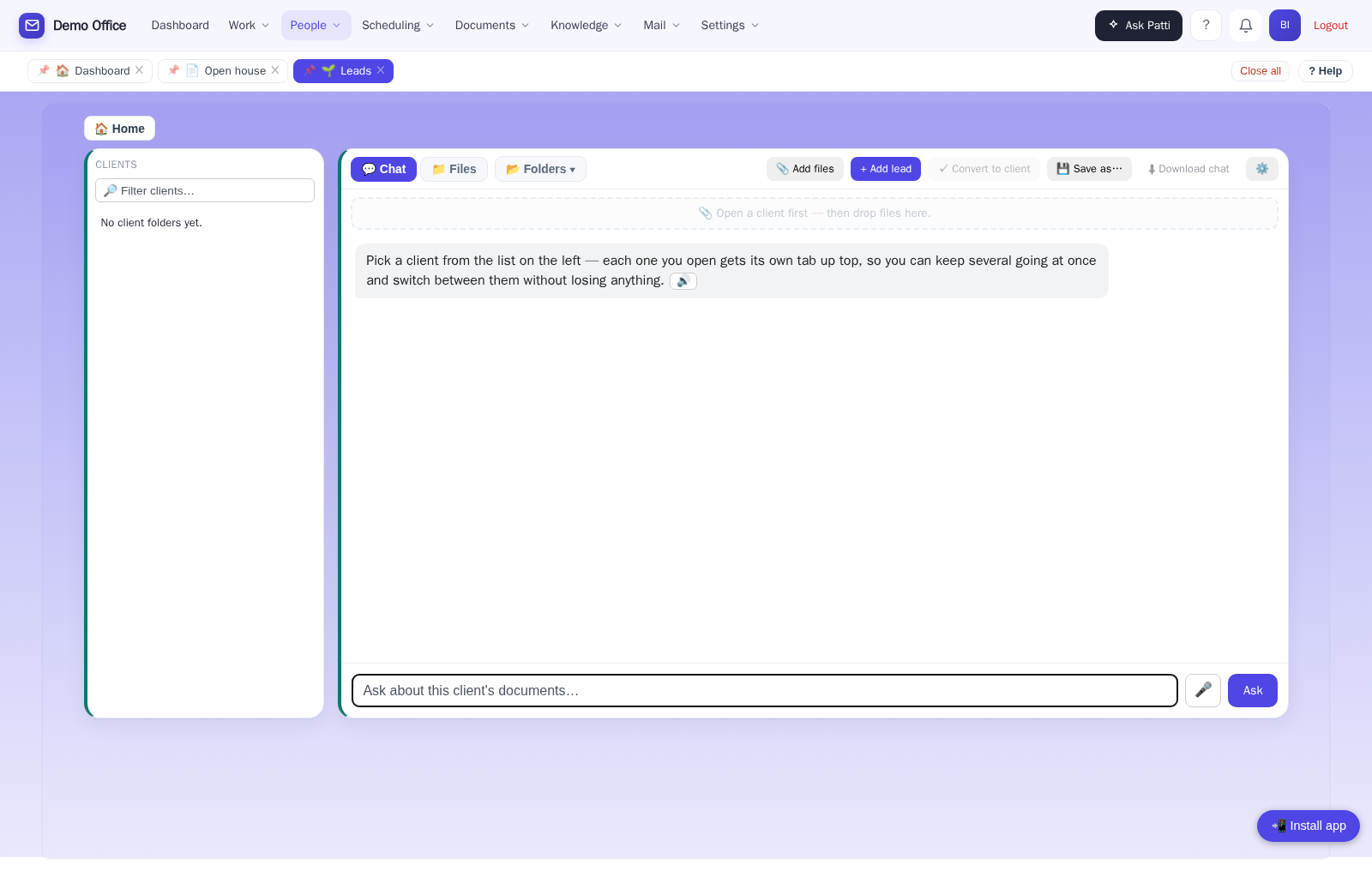 The leads workspace where portal inquiries are filed as people