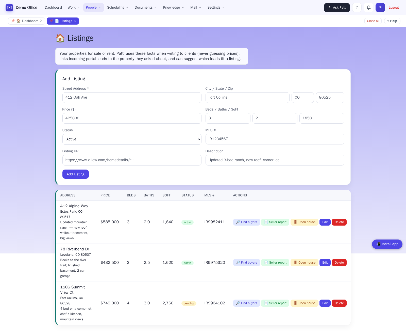 Listings with find-buyers and seller-report actions