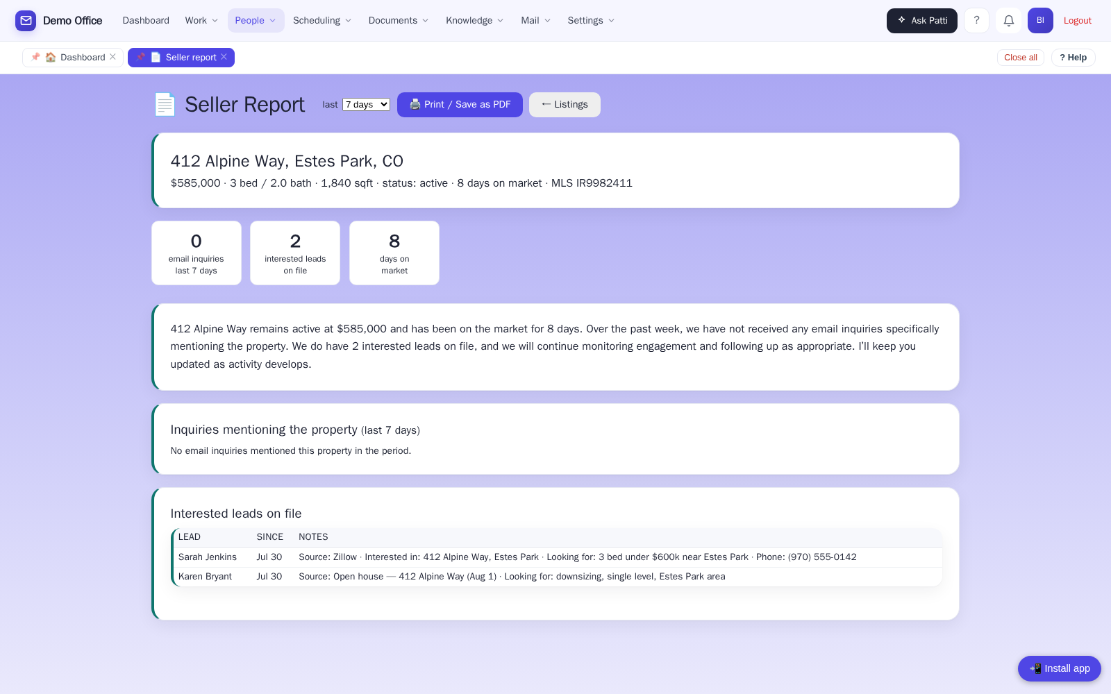 A printable seller activity report