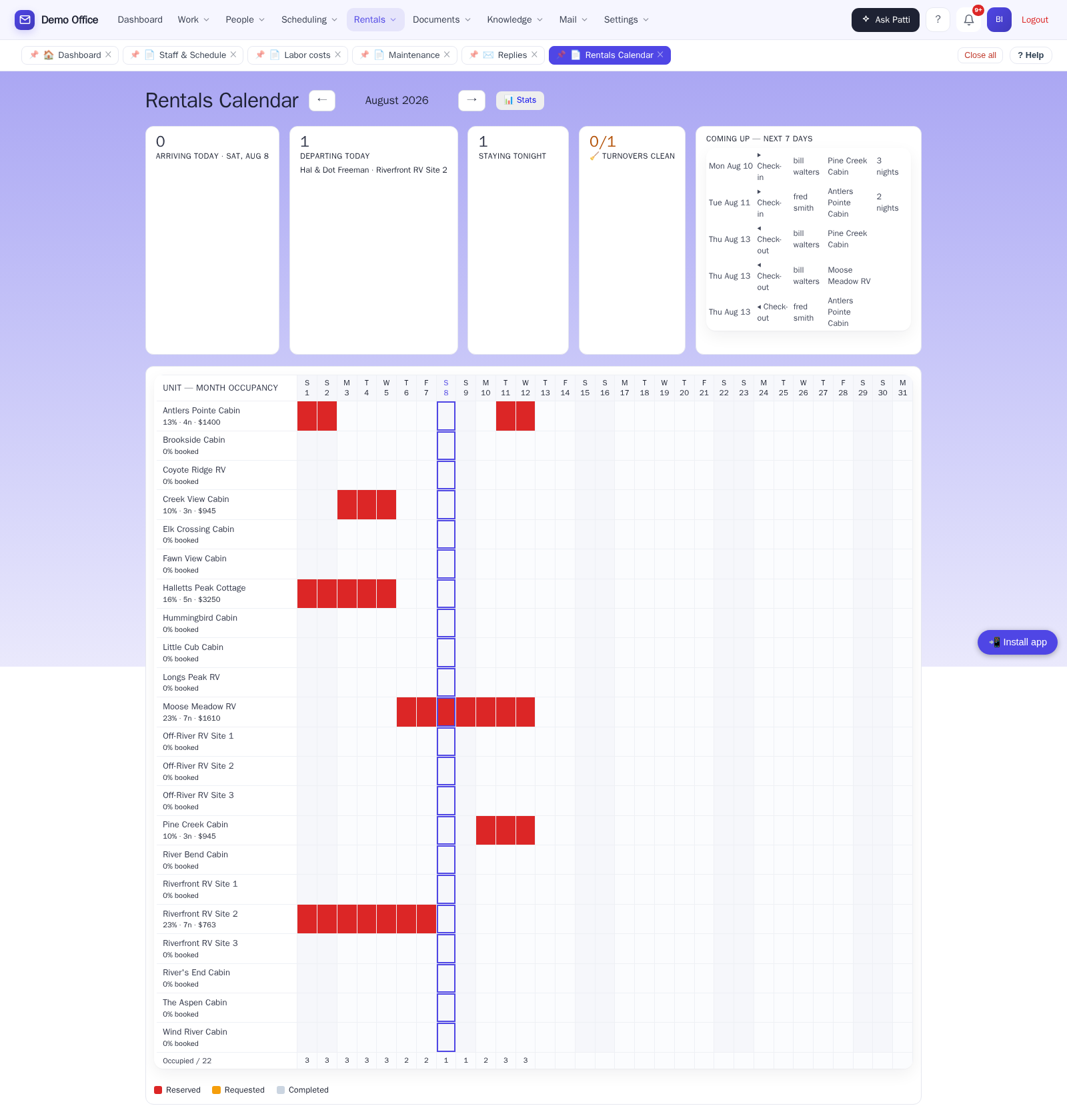 Month occupancy calendar for every unit