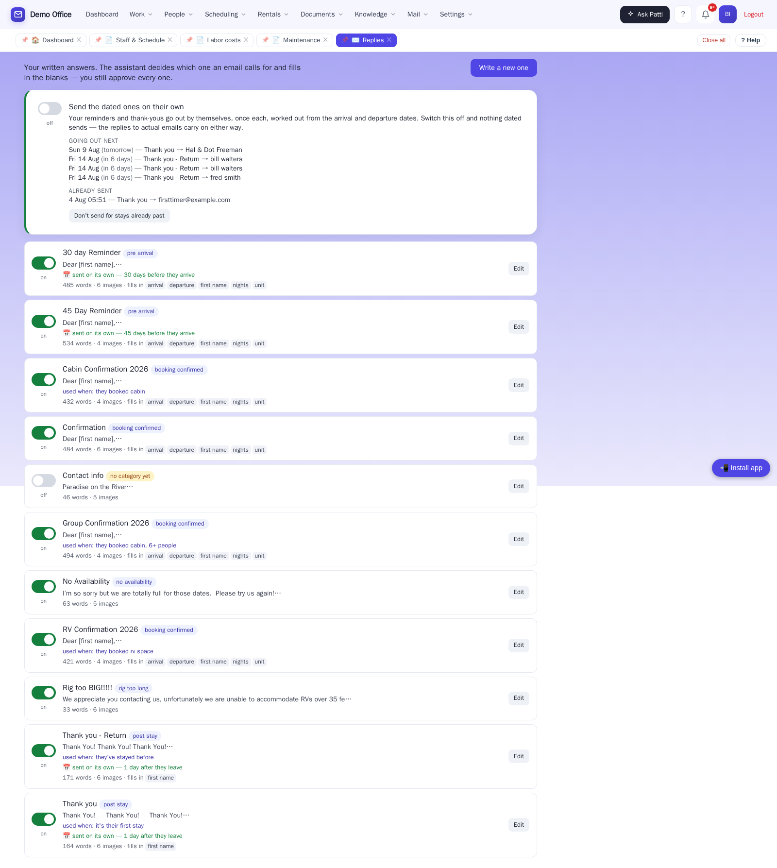 Dated letters — the going-out-next queue, the already-sent list, and the 45- and 30-day reminder templates