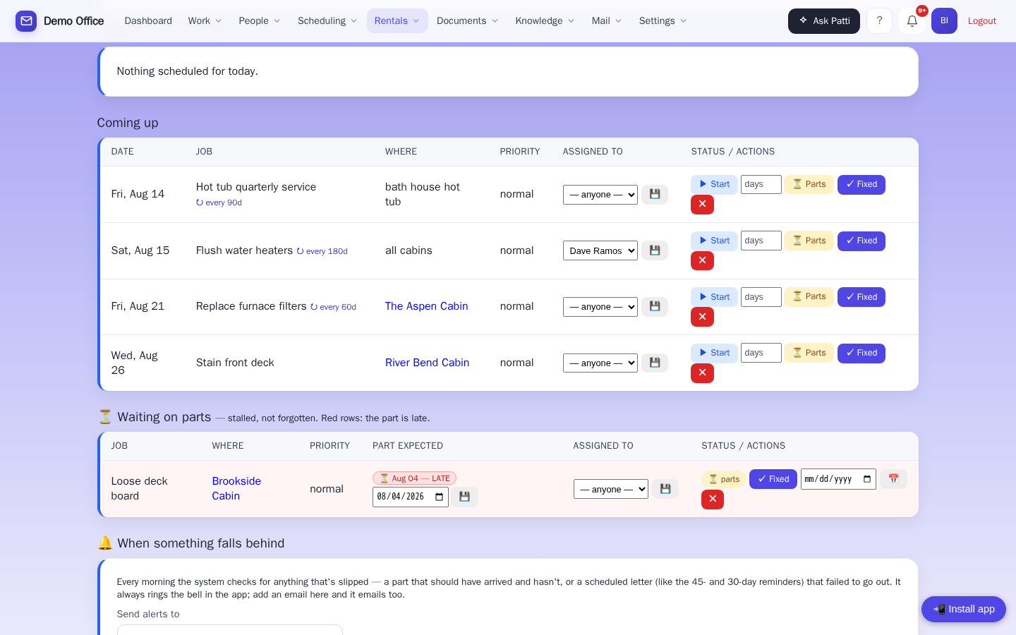 A late part flagged in red on the board, next to the “Send alerts to” settings card with alerts switched on