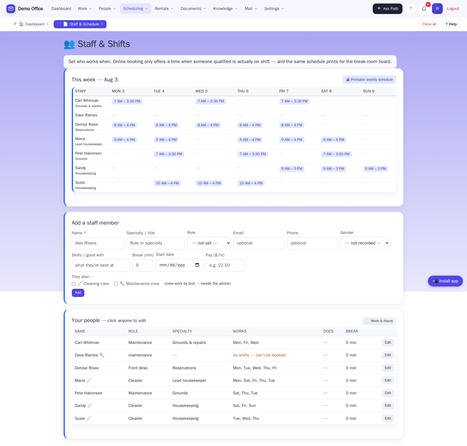Staff & Shifts — the week grid of who works when, the add-employee form with role checkmarks, and the roster
